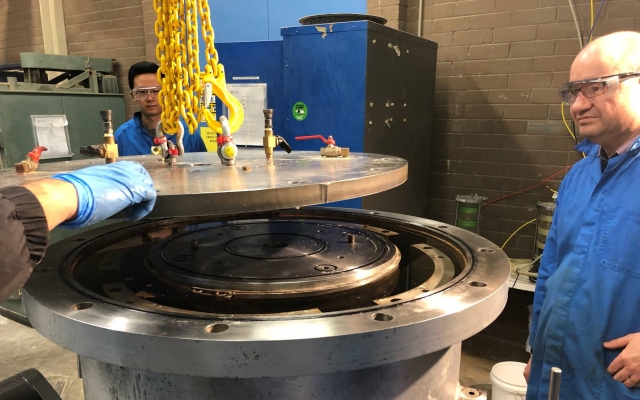 The calibration chamber containing the tailings is sealed prior to conducting a cone penetration test