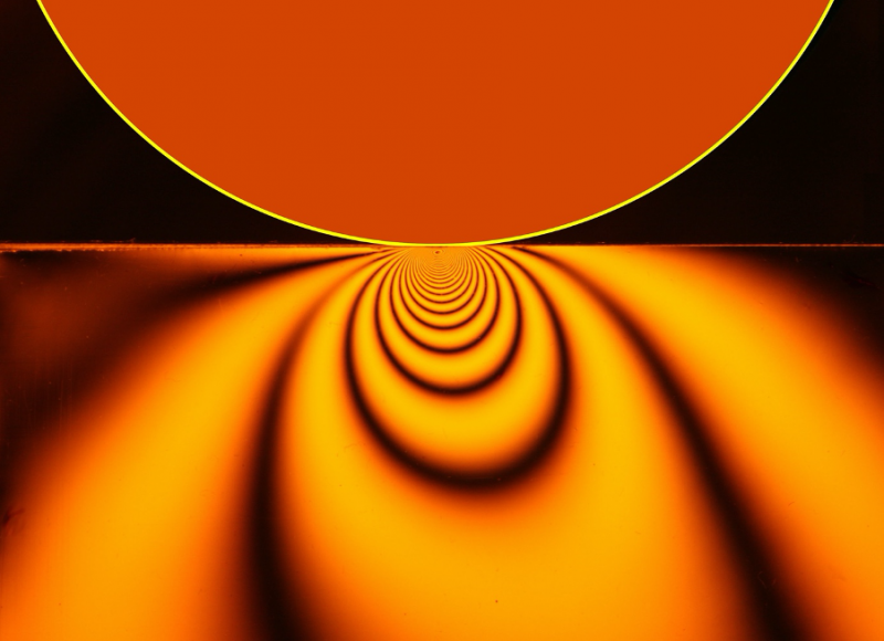 Stresses produced by a contact with a combined normal and tangential load made visible by polarization optics. Wikipedia; Public Domain Image.