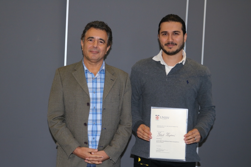 Head of School Scientia Professor Nasser Khalili and Soheil Heydari, winner of the School of Civil & Environmental Engineering's 3MT