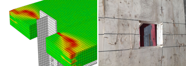 Fig. 1 Contours of tensile damage index in the outer lamella of the cross laminated timber (CLT) slab versus crack pattern observed in the laboratory experiments. 